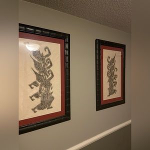 Antique Vintage Thai Temple Charcoal Rubbings-One Of A Kind Custom Framed